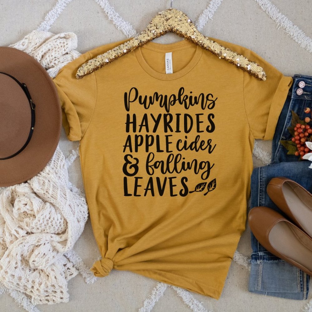 Pumpkins Hayrides Apple Cider & Falling Leaves Graphic Tee Cute Fall Tshirt